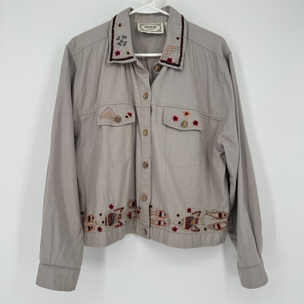 Tantrums Jacket Womens Large Embroidered Fish Flowers Boho Button Gray